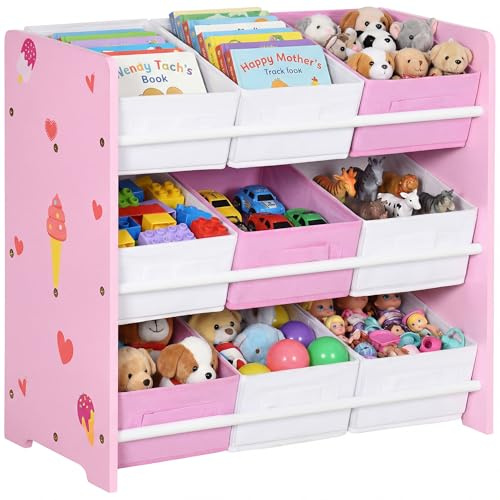 ZONEKIZ Kids Storage Unit Toy Box Organiser Bookshelf w/Nine Removable Baskets, for Bedroom, Nursery, Playroom - Pink
