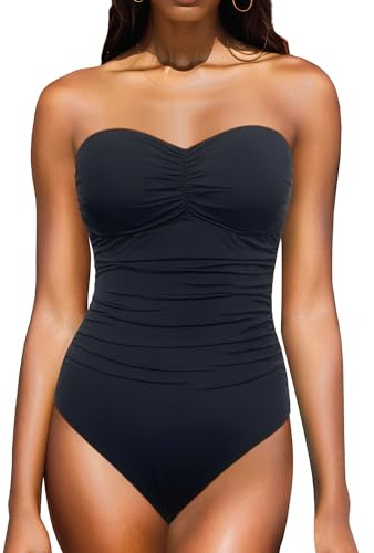 Yonique Strapless Onepiece Swimsuit for Women, Tummy Control, Bandeau Swimsuit, Slimming, Twist-Front Swimwear