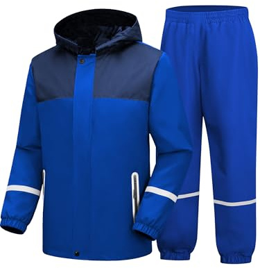 SWISSWELL Kids Rain Suit Boys Girls Youth Waterproof Rain Gear Breathable Reflective Raincoat and Pants Black Blue M