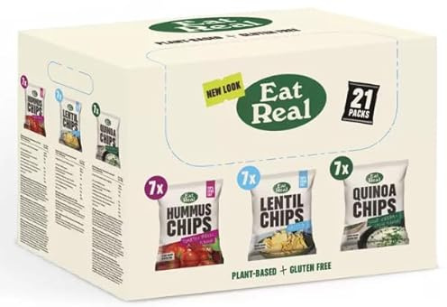 Eat Real Crisps Vegan & Healthy Snacks Variety Box Pack of 21 Mix of Quinoa, Lentil & Hummus Chips