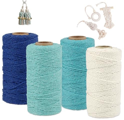 RYAN 4 Makramee Garn 2mm x 100m Baumwollgarn für DIY Handwerk Basteln Stricken Boho Deko Wandbehang Dekoration Set (Beige/Hellblau/Blau/Dunkelblau)