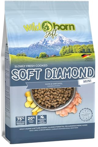 Wildborn Soft Diamond Mini 4 kg - Getreidefreies Hunde-Softfutter für kleine Rassen mit 75% Frischem Huhn, Schonend Garverfahren, Kleine Kroketten & Limitierte Rohstoffe