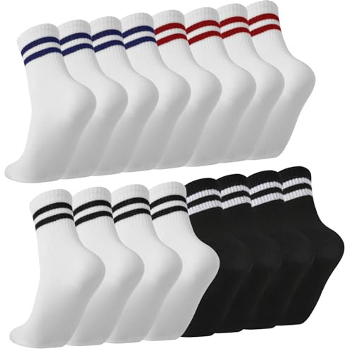 Zuimei 8 Pairs Striped Crew Socks Multipack Sports Running Socks for Men Women Size, Soft Athletic Socks Breathable Black White Grey Socks for Work School Casual Walking, Stripes