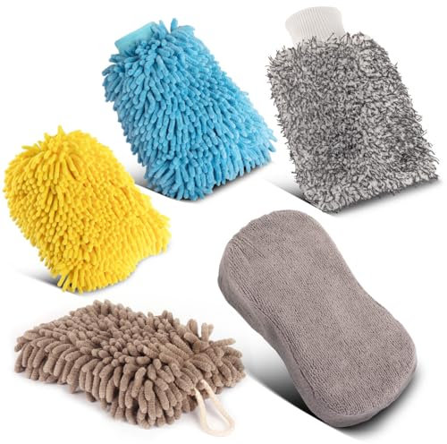 STAHLWERK Autowaschhandschuh 5er Set -Reinigungshandschuh | Mikrofaser-Schwamm | Mikrofaser-Tuch | Autoschwamm | Handschuh | Putzhandschuh