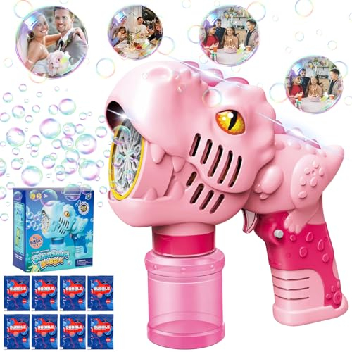 DAOUZL Seifenblasenpistole, Dinosaurier Seifenblasenpistole für Kinder 10000+ Blasen/Minute, Seifenblasenmaschine Gun Kinder mit 100ml Seifenblasenlösung und 8X 10ml Seifenblasen Nachfüllflasche