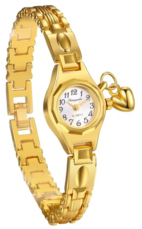 JewelryWe Damenuhr Gold Kleine Uhr: Damen Analog Quarz Armbanduhr Schmal Edelstahl Armband Frauen Zierliche Charme Lässige Uhr Golduhr mit Herz Anhänger