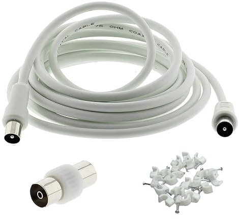 3C2V TV Coaxial Cable 1M - Nickel Plated RF Coax & Extension Lead With Clips and Female Adaptor 1.0 Meter Long