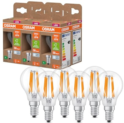OSRAM Lampada LED dalla classica forma mini sferica, con filamento LED decorativo, classe di efficienza energetica A, E14, 1,2 W, 255 lm, 4000 K, bianco freddo. Senza riscaldamento, confezione da 6