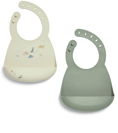 Mamas & Papas 2-Pack Silicone Waterproof Bibs - Dino Teal (6-18 Months) | Feeding Bibs with Large Pocket for Food Catching, BPA-Free, Waterproof, Adjustable, Soft, Non Messy, Ideal for Weaning