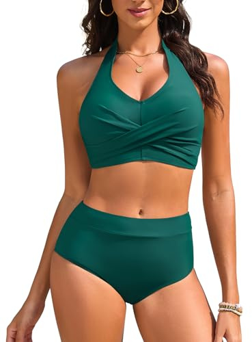 Nadeer Conjuntos de Bikinis Cintura Alta Traje de Baño Mujer 2 Piezas Halter Cuello en V Sexy Push Up Ropa de Baño Talla Grande Playa Piscina Fiesta Vacaciones(Cian,L)