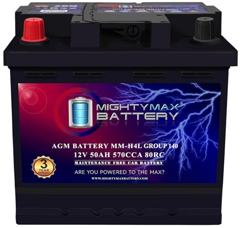 Mighty Max Battery MM-H4L Start and Stop Car BCI Group Size 140 Positive Terminal on Left Side [+ -] 12V 50 AH, 80RC, 570 CCA Rechargeable AGM Car Battery