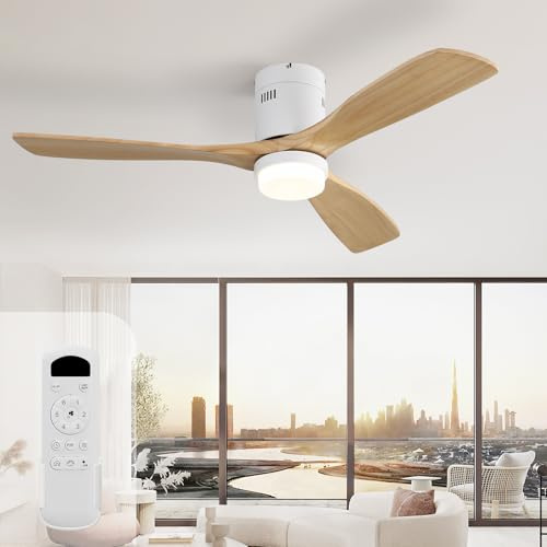 Sofucor Ventilatore da Soffitto con Luce, 132 cm Lampada Ventilatore Soffitto Legno Massiccio Telecomando, 6 Velocità, Silenziatore DC Reversibile, Timer per Camera