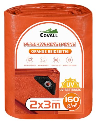 COVALL 160g/㎡ Heavy Duty Waterproof Tarpaulin 2x3m Reinforced Eyelets Weatherproof UV Protection Tarp Ground Sheet Outdoor Trailer Cover Camping Tent Mat Garden Fishing (Bright Orange）
