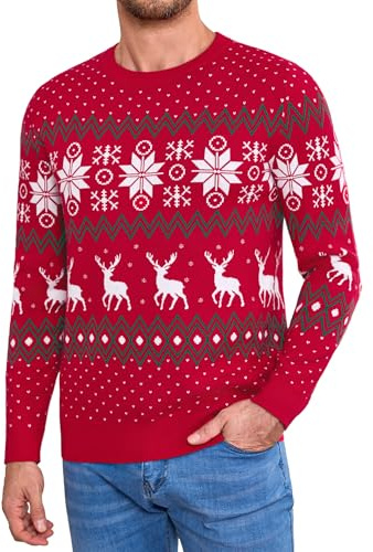 Aottori Suéter Navidad Hombre Jersey Navideño Unisex Reno Copo Nieve Cuello Redondo Manga Larga Invierno Cálido Pullover Punto Festivo Pareja Familia Hombre-Rojo L