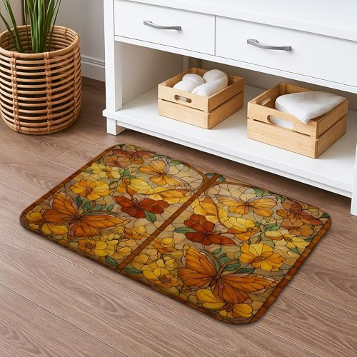 Badematte mit Schmetterlings-Blumenmuster, schnell trocknend, Vintage, orange-gelbe Blume, saugfähig, rutschfest, dekorativer Flanell, waschbar, Badteppiche für Badezimmer, WC, 50,8 x 81,3 cm