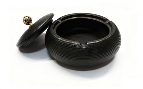 Nasxkji Ceramic Outdoor Ashtray with Lid, Zen Black, Ø11.8 cm | Stoneware ceramic, zen black finish, fitted lid, 3 grooves, easy clean, indoor outdoor use