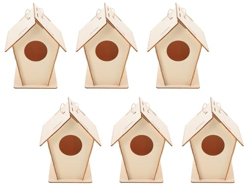 LRXIYODE Kit de 6 Casitas para Pájaros Pequeñas de Madera sin Pintar Manualidades DIY para Decoración Colgante para Jardín Juego de Construcción y Pintura Adecuado para Actividades al