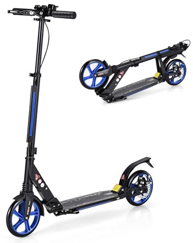 COSTWAY Folding Kick Scooter, 3 Heights Adjustable City Scooters with Big Wheels, Anti-Shocking Suspension and Carrying Strap, Lightweight Street Scooter for Kids, Teens and Adults