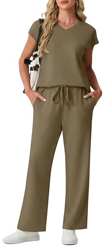 GRECERELLE Ensemble de survêtement complet pour femmes, ensemble d'été à manches courtes pour salon, deux pièces décontractées avec col en V, hauts pour femmes et vêtements de sport pour le gym avec