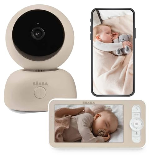 BÉABA, Baby Monitor Video 2 In 1 Con Schermo E App Mobile, Telecamera HD Con Rotazione 360°, Visione Notturna, Interfono, Ninne Nanne, Controllo Temperatura E Umidità, Zen Premium, Argilla