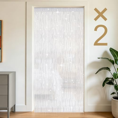 OFFCUP 2 Pack String Door Curtains, 100 x 200cm String Doorways Divider | Glitter Retro Tassel Doors Doorways Dividers, Fly Insect Bug Screen Window Curtain Panel Party Decorations (White)