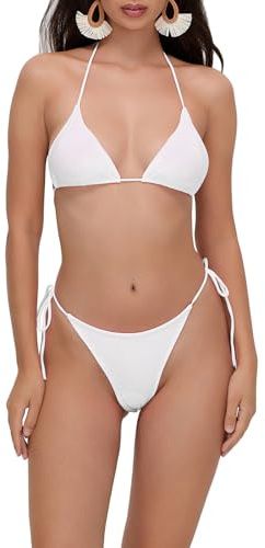 Loalirando Maillot de Bain Femme 2 Pièces Sexy Bandage Biniki Brésilien String pour Vacances Plage Bronzage, Blanc, S