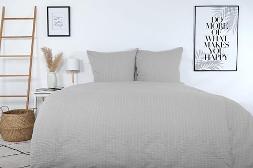 jilda-tex Seersucker Bio-Bettwäsche Uni 100% Baumwolle Valencia Sommerbettwäsche (Grau, 135x200 + 80x80 cm)