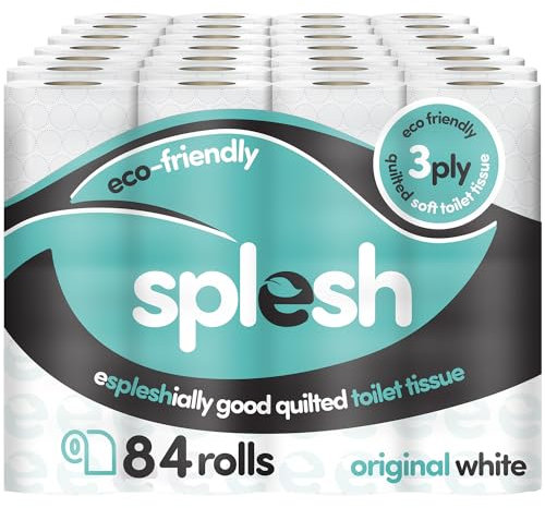 Splesh by Cusheen Toilet Roll 84 Rolls - Original White Bulk Family Pack | Soft 3 Ply Quilted Bathroom Tissue Loo Rolls | Eco-Friendly, Sustainable Toilet Paper