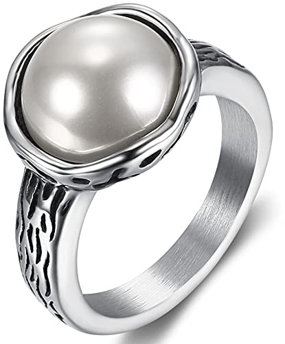 Jude Jewelers Stainless Steel Faux Pearl Solitaire Style Wedding Engagement Proposal Statement Anniversary Ring (Silver White, 12)