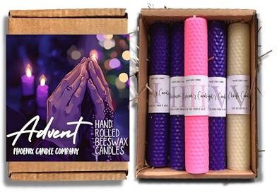 Phoenix Candle Company | Tall Beeswax Advent Pillar Candles Set with Advent Prayers - 5 Count - Hand-Rolled