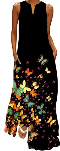 WINKEEY Vestido Maxi para Mujer Estampado Floral Mariposa Bohemio con Bolsillos Sin Mangas Talla Grande, Mariposa Flor Rosa 2XL