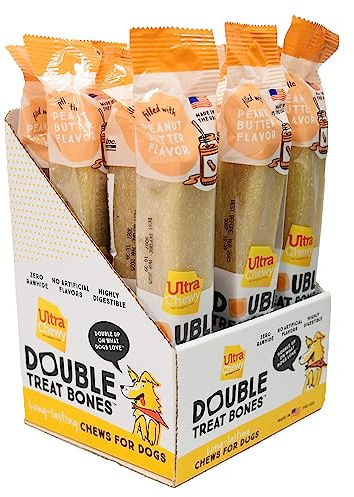 Ultra Chewy Peanut Butter Double Treat Bones: Long-Lasting Dog Treats Made in USA for Large and Small Breeds, Highly Digestible, Ideal for Aggressive Chewers (12 Count)
