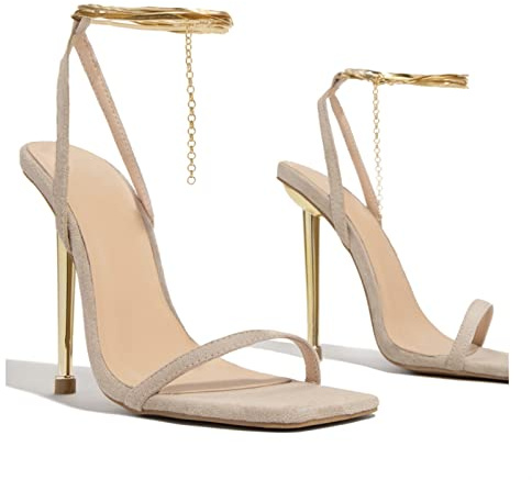 CcacHe Donna Alto A Punta Aperta Punta Stiletto Sandali Comfort Slingback A Catena Cinturino alla Caviglia con Tacco Scarpe 3,14 Pollici Pompa Vestito Festa Prom Matrimonio Scarpe(Beige,37 EU)