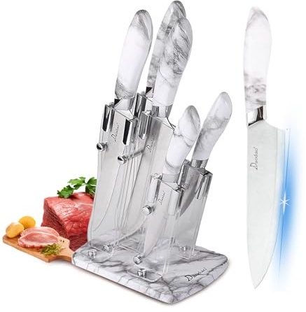 Kitchen Knife Set, AVEKI 6-Pieces Stainless Steel Cooking Knife Set with Acrylic Stand, Ultra Sharp Marble Cracks Chef Knives Set with Ergonomic Handle, Cooking Knives Suitable for Home (White)