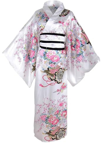 Robe Kimono Floral Blanc Soyeux Traditionnel Confortable et Adapté à la Peau pour Fête, Cosplay, Accessoires Kyoto Bossom