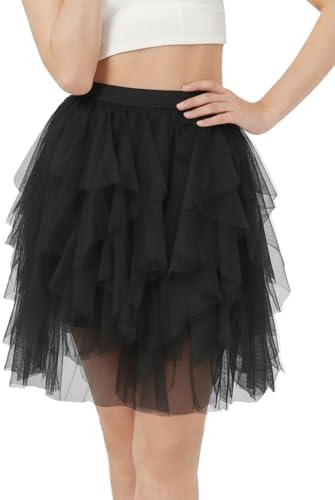 BALAYSIER Gonna in tulle da donna elastica in vita irregolare in tulle con fodera per feste, balli di fine anno, carnevale, Nero , M
