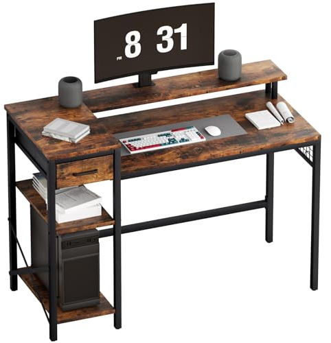 Oak & Tea Gaming-Schreibtisch 120 x 52 cm Computertisch mit Schubladen Stehpult mit Monitorhalterung und verstellbarem Regal– geeignet für Studium Gaming Arbeit und Homeoffice Braun und Schwarz