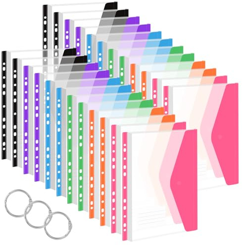 Plastic Wallets A4, 24 Pcs Punched Pockets A4 Document Wallets File Folders with Label Pocket, Plastic Folders for School Home Office