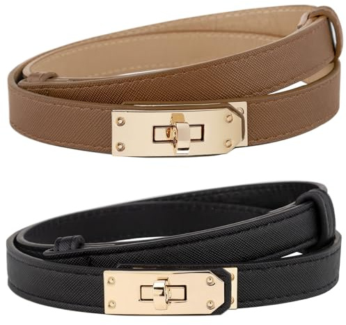 AlGuirnex 2 Pack Women's Slim Belts Adjustable PU Leather Waist Belt (55-95cm), Gold Alloy Buckle, Ladies Thin Waistband Decorative Belt for Dresses Jean Trousers Coats (Black & Brown)