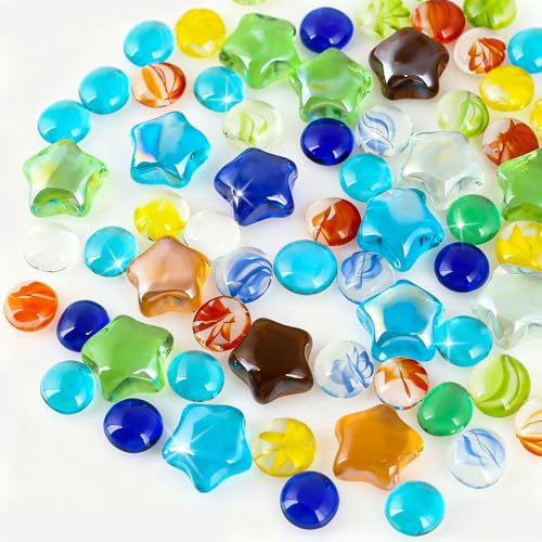 Rdlobu 500 Gramm Glassteine Bunt, Edelsteine für Kinder, Muggelsteine Bunt Kinder, Glasnuggets Deko für Aquarium, Vasenfüller, Schatzsuche, Heimdekoration (Sterne und Kreise)