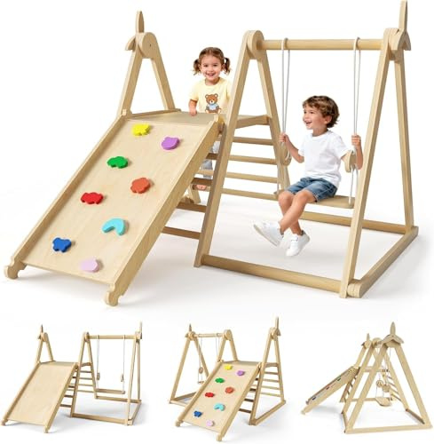 5-in-1 Toddler Climbing Frame,Foldable Wooden Gym Swing Slide ladder Board Windmill Triangle Enhancing Children's Cognitive Abilities Indoor Montessori for Babies 1-6 Years Old
