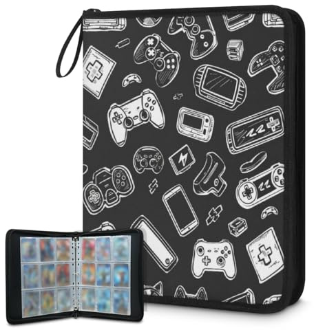 Carpeta de tarjetas coleccionables con 9 bolsillos, color negro, con patrón de juego, álbum de tarjetas con fundas extraíbles, impermeable, con cremallera, capacidad para 50 páginas y 900 tarjetas