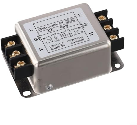Rehoetom Filtro di alimentazione monofase a 2 stadi per CW4L2 3A/6A/10A/20A-SR, soppressione delle interferenze, guscio in lega, tensione nominale 250 V, argento 100 x 60 x 50 mm (20A)