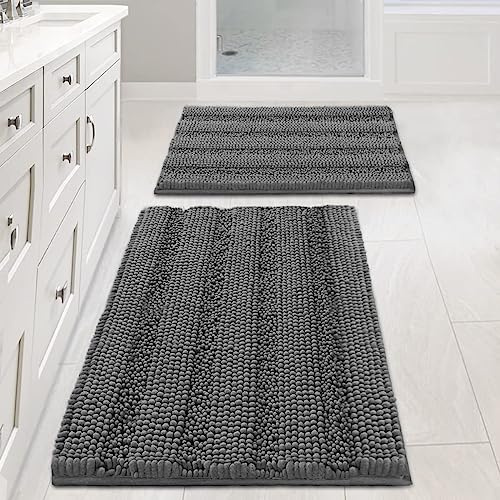 H.VERSAILTEX Grey Bathroom Rug Set Bath Mats, 2 Piece Bath Rugs Non Slip Thick Soft Chenille Striped Bath Rug Set, Bath Mats for Bathroom Sets (Grey, 20 x 32/17 x 24)