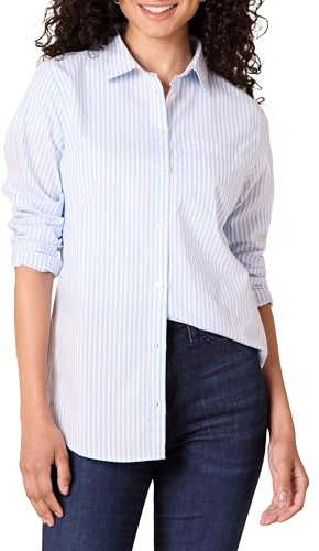 Amazon Essentials Damen Regular-Fit Langarm-Button-Down-Popeline-Hemd, Französisch Blau Weiß Streifen, M