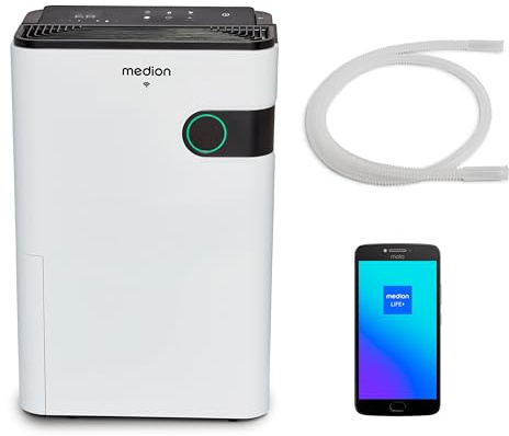 Deumidificatore MEDION con app e controllo vocale (serbatoio dell'acqua da 5L, fino a 40m², prestazioni di deumidificazione 24L/giorno, potenza massima 280W, 2 livelli di velocità, funzionamento touch