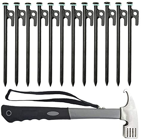 Linwnil Tent Stakes Camping Hammer Accessories Set , 12Pcs Heavy Duty 8in Tent Stakes, 1Pce Camping Hammer (Gray) Forged Steel Unbent Tent Pegs-Ideal Camping Stakes for Rocky/Hard Places