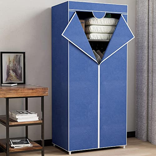 BAKAJI Armadio Guardaroba con Struttura tubolare in Metallo Rivestimento in Tessuto TNT Doppia Zip di Chiusura, con Ripiano e Asta Appendiabiti da Campeggio Dimensione 70 x 46 x 162 cm (Blu)