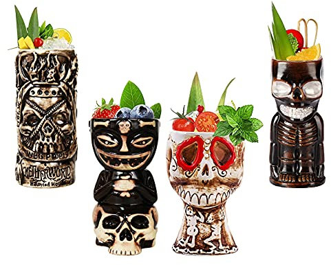 Tiki Becher -Tiki Mugs - Cocktail-Set, 4 Stück, Keramik, Cocktailbecher, Tiki-Tassen, hawaiianische Party, niedliche, exotische Cocktailgläser, hawaiianische Tiki-Tasse,Q8