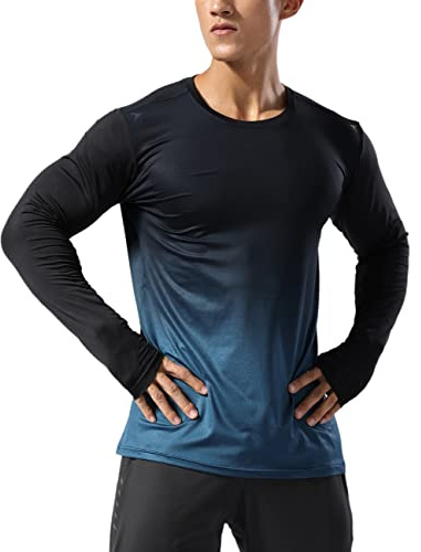 Hommes Chemises Running Sports Manche Longue Aptitude Musculation Tee-Shirts Fitness Sweats Bleu dégradé L